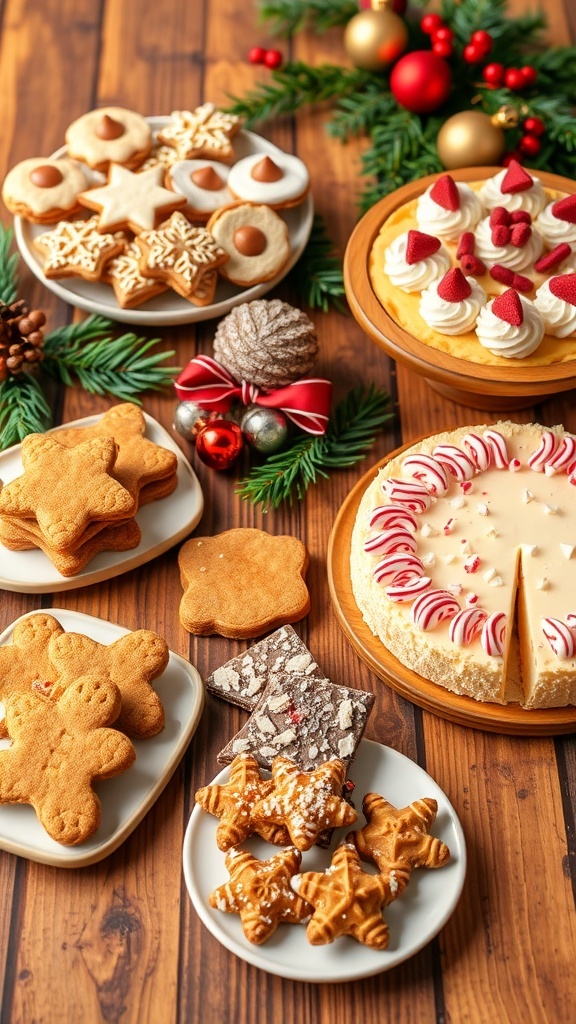 A collection of Christmas desserts: gingerbread cookies, peppermint bark, and eggnog cheesecake on a decorated table.
